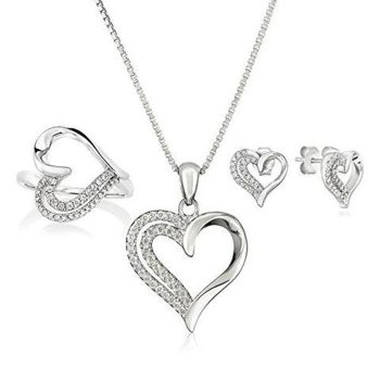 Womens Matching Heart Jewelry Set, Silver Necklace, Earrings, and Ring